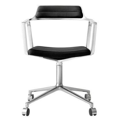 Chaise Swivel 452, Poli, Piétement à roulettes, Cuir noir