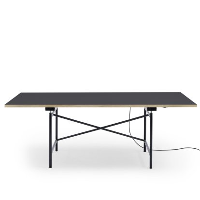 Table Eiermann 1 E (réglage électrique de la hauteur), Linoleum charbon de bois (Forbo 4175) avec bords en chêne, 200 x 90 cm, Noir, Avec passage-de-câbles