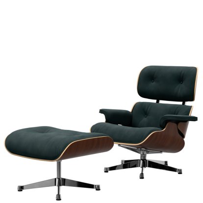 Eames Lounge Chair & Ottoman Calma, Noyer foncé, Calma, vert pin, 84 cm - Hauteur originale de 1956, Aluminium poli