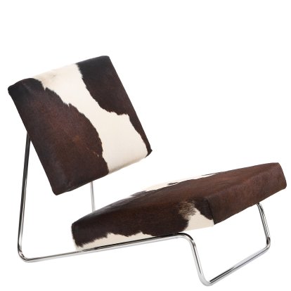 Fauteuil de salon Hirche, Peau de vache, marron / blanche, Chromé, sans repose-pieds