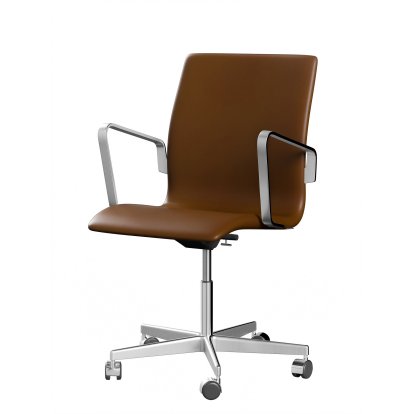 Chaise Oxford, Avec accotoirs, Dossier bas, Piétement à roulettes, Cuir souple, Noyer