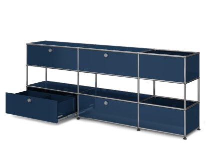 Buffet USM Haller pour enfants L avec boîtes de rangement, Monochrome, Bleu acier RAL 5011, Avec porte abattante et porte coulissante (incl. cadre métallique)