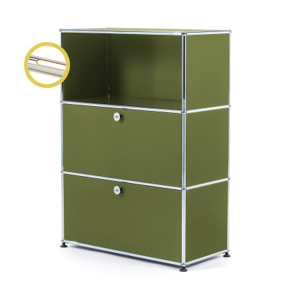 USM Haller E Highboard M avec 2 portes battantes et éclairage du compartiment, Vert olive RAL 6003, Blanche chaude