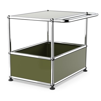 USM Haller table de bar, Avec poignées á chariot, Vert olive RAL 6003, Patin de nivelage