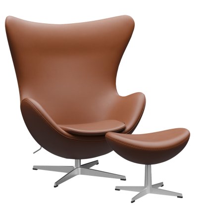 Fauteuil Egg (Oeuf), Cuir Essential, Noyer, Aluminium satiné et poli, Avec repose-pied