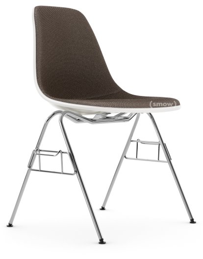 Eames Plastic Side Chair DSS / DSS-N, Blanc RE, Rembourrage intégral, Gris chaud / marron marais, Avec liaison de rangée (DSS)