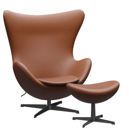 Fauteuil Egg (Oeuf), Cuir Essential, Noyer, Noir, Avec repose-pied