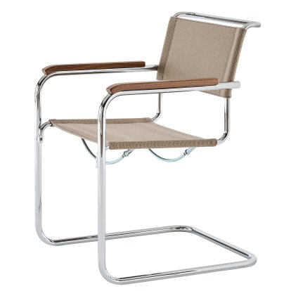 Chaise Cantilever S 33 / S 34 V Tissu, Accoudoirs noyer huilé, Chromé, Tissu nobel 61297 - beige, Sans patins
