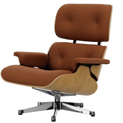 Eames Lounge Chair, Châtaignier naturel, Cuir Premium F cognac, 89 cm, Aluminium poli