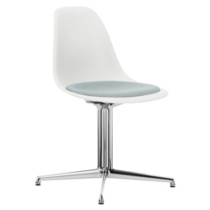 Eames Plastic Side Chair DSL, Blanc RE, Avec coussin d'assise, Bleu glacier / ivoire, Aluminium poli