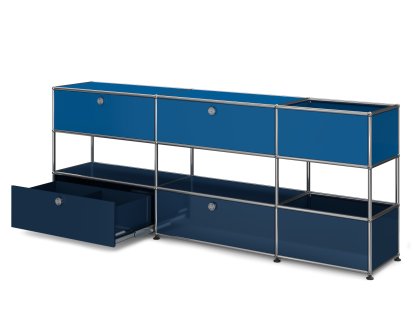 Buffet USM Haller pour enfants L avec boîtes de rangement, Bicolore, Bleu gentiane RAL 5010 - Bleu acier RAL 5011, Avec porte abattante et porte coulissante (incl. cadre métallique)