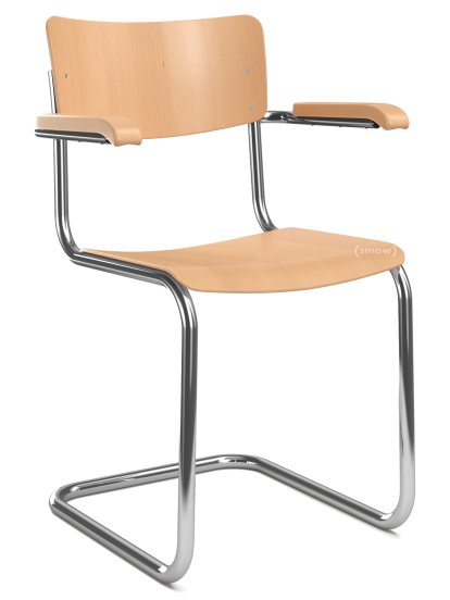 Chaise cantilever S 43 F classique avec accotoirs, Piétement chromé, Hêtre teinté, Hêtre naturel, Sans coussin d'assise, Sans patins