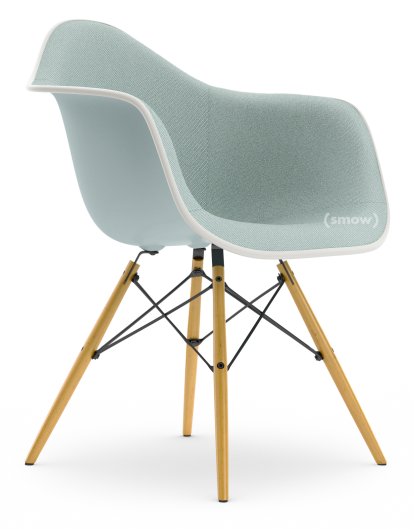 Eames Plastic Armchair DAW, Gris bleuté, Rembourrage intégral, Bleu glacier / ivoire, Version standard - 43 cm, Érable nuance de jaune