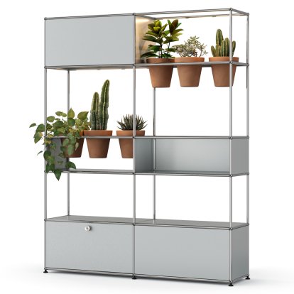 Étagère de séparation USM Haller E plantes, Argent mat USM, Terre cuite, Éclairage LED blanc chaud