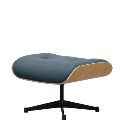 Eames Lounge Chair Ottoman, Châtaignier naturel, Cuir Premium F bleu fumé, Aluminium poli, côtés noirs