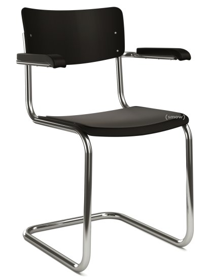 Chaise cantilever S 43 F classique avec accotoirs, Piétement chromé, Hêtre laqué, Noir profond (RAL 9005) , Coussin d'assise sans rembourrage noir, Patins en plastique noir avec feutre