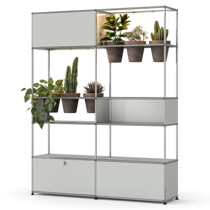 Étagère de séparation USM Haller E plantes, Gris clair RAL 7035, Basalte, Éclairage LED blanc chaud