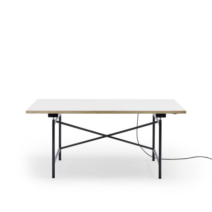 Table Eiermann 1 E (réglage électrique de la hauteur), Mélaminé blanc avec bords chêne, 160 x 80 cm, Noir, Sans passage-de-câbles