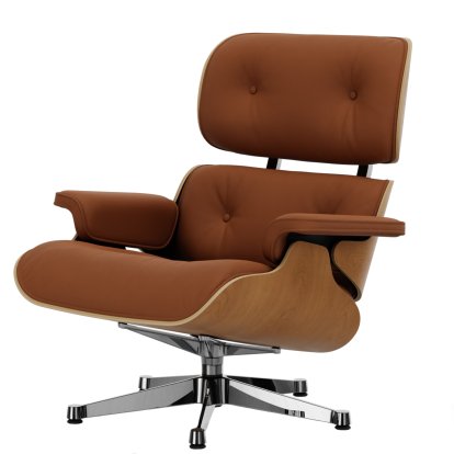 Eames Lounge Chair, Cerisier naturel, Cuir Premium F cognac, 84 cm - Hauteur originale de 1956, Aluminium poli