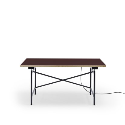 Table Eiermann 1 E (réglage électrique de la hauteur), Linoleum bordeaux (Forbo 4154) avec bords en chêne, 140 x 80 cm, Noir, Sans passage-de-câbles
