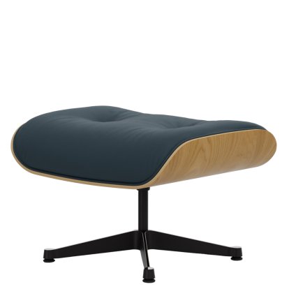 Eames Lounge Chair Ottoman, Châtaignier naturel, Cuir Premium F bleu fumé, Aluminium poli, côtés noirs