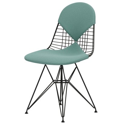 Chaise Wire Chair DKR, Revêtement thermolaqué noir basic, Coussin pour assise et dossier (Bikini), Hopsak menthe / ivoire