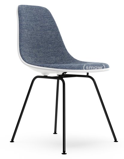 Eames Plastic Side Chair DSX, Blanc RE, Rembourrage intégral, Bleu foncé / ivoire, Version standard - 43 cm, Revêtement basic dark