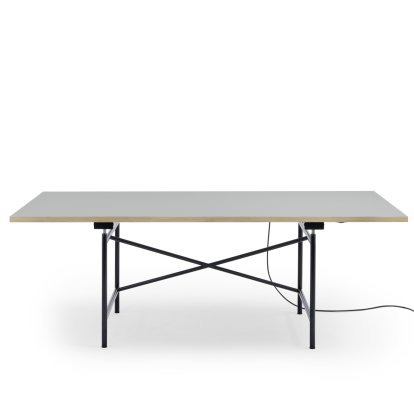 Table Eiermann 1 E (réglage électrique de la hauteur), Linoleum gris cendré (Forbo 4132) avec bords en chêne, 200 x 90 cm, Noir, Avec passage-de-câbles