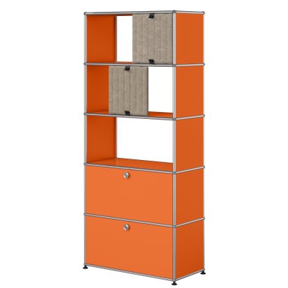 Étagère USM Haller, 2 abattants sans paroi arrière, avec 2 Soft Panels, verticale, Orange pur RAL 2004, Taupe / Bleu foncé