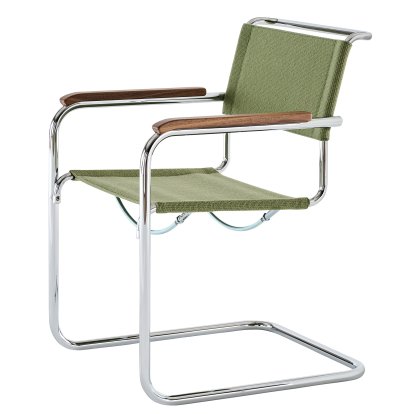 Chaise Cantilever S 33 / S 34 V Tissu, Accoudoirs noyer huilé, Chromé, Tissu nobel 68303 - vert, Patins en plastique noir avec feutre