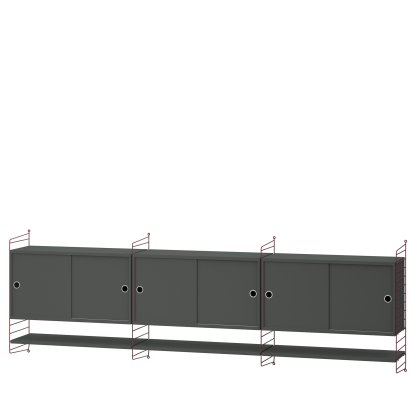Étagère murale String System avec 3 armoires suspendues, Gris foncé, Rouge foncé