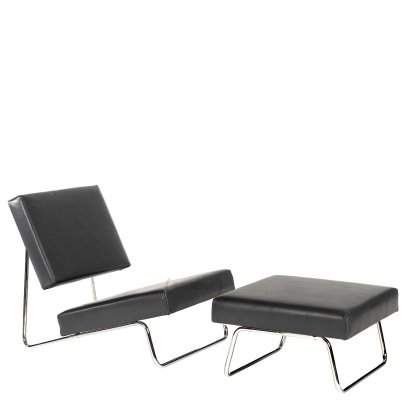 Fauteuil de salon Hirche, Cuir lisse, noir, Chromé, avec repose-pieds