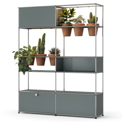Étagère de séparation USM Haller E plantes, Gris moyen RAL 7005, Terre cuite, Éclairage LED blanc chaud