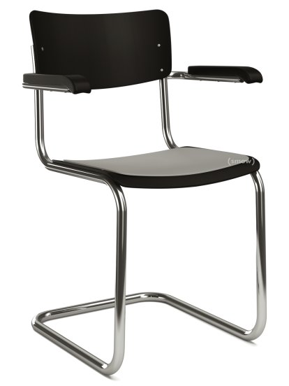 Chaise cantilever S 43 F classique avec accotoirs, Piétement chromé, Hêtre laqué, Noir profond (RAL 9005) , Coussin d'assise sans rembourrage mélange gris clair, Sans patins