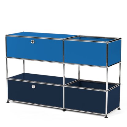 Buffet USM Haller pour enfants M avec boîtes de rangement, Bicolore, Bleu gentiane RAL 5010 - Bleu acier RAL 5011, Avec porte abattante et porte coulissante (incl. cadre métallique)