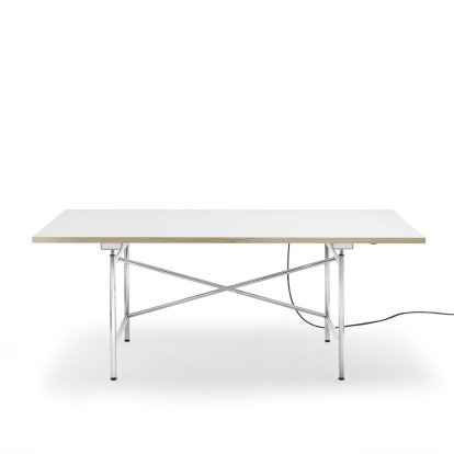 Table Eiermann 1 E (réglage électrique de la hauteur), Mélaminé blanc avec bords chêne, 180 x 90 cm, Chromé, Avec passage-de-câbles