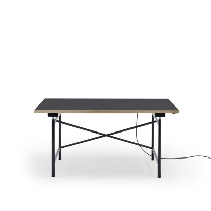 Table Eiermann 1 E (réglage électrique de la hauteur), Linoleum charbon de bois (Forbo 4175) avec bords en chêne, 140 x 80 cm, Noir, Avec passage-de-câbles