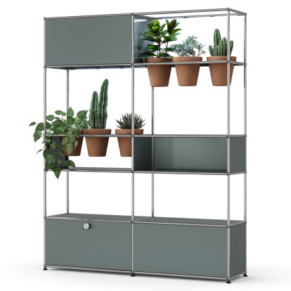 Étagère de séparation USM Haller E plantes, Gris moyen RAL 7005, Terre cuite, Éclairage LED blanc froid