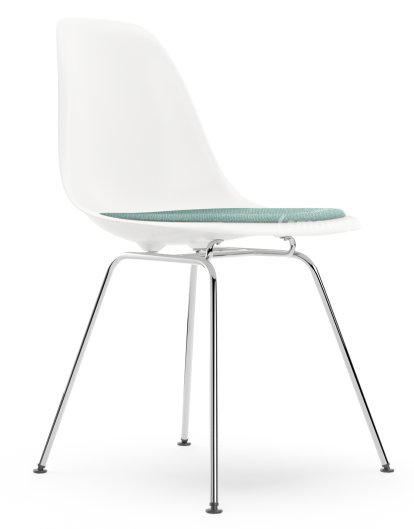 Eames Plastic Side Chair DSX, Blanc RE, Avec coussin d'assise, Bleu glacier / ivoire, Version standard - 43 cm, Chromé