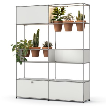 Étagère de séparation USM Haller E plantes, Blanc pur RAL 9010, Terre cuite, Éclairage LED blanc chaud