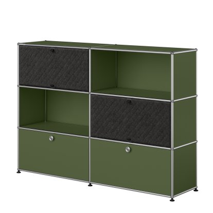 Buffet haut USM Haller L avec deux Soft Panels USM Haller, diagonale, Vert olive RAL 6003, Gris foncé