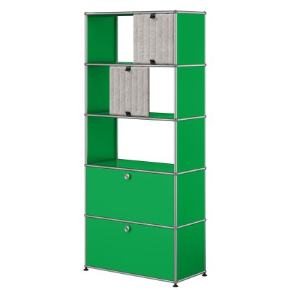 Étagère USM Haller, 2 abattants sans paroi arrière, avec 2 Soft Panels, verticale, Vert USM, Gris / Gris foncé