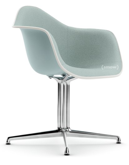 Eames Plastic Armchair DAL, Gris bleuté, Rembourrage intégral, Bleu glacier / ivoire, Aluminium poli, Nouvelle hauteur d'assise (43,0 cm)