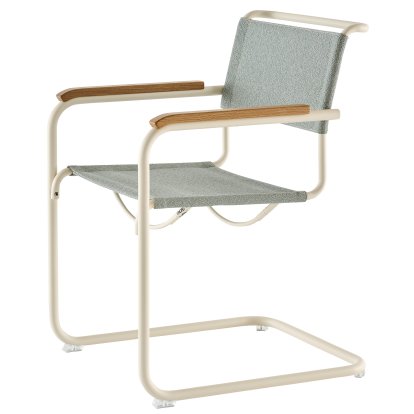 Chaise Cantilever S 33 / S 34 V Tissu, Accoudoirs en chêne huilé, Blanc perle mat revêtu par poudre, Tissu cento ray - bleu clair, Patins en plastique transparent avec feutre