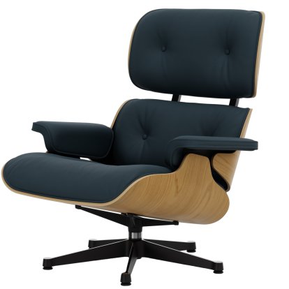 Eames Lounge Chair, Châtaignier naturel, Cuir Premium F bleu fumé, 89 cm, Aluminium poli, côtés noirs