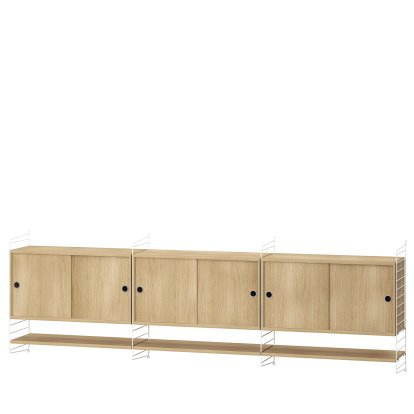 Étagère murale String System avec 3 armoires suspendues, Placage chêne, Blanc