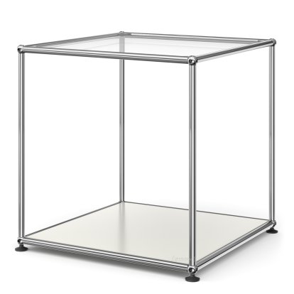 Table d'appoint USM Haller 50 haute, Panneau supérieur en verre, panneau inférieur en métal, Blanc pur RAL 9010