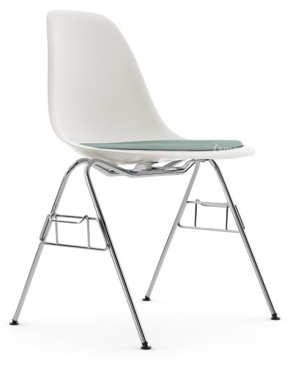 Eames Plastic Side Chair DSS / DSS-N, Blanc RE, Avec coussin d'assise, Bleu glacier / ivoire, Avec liaison de rangée (DSS)