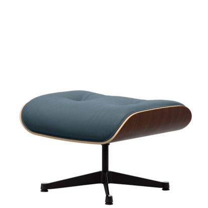 Eames Lounge Chair Ottoman, Noyer foncé, Cuir Premium F bleu fumé, Aluminium poli, côtés noirs