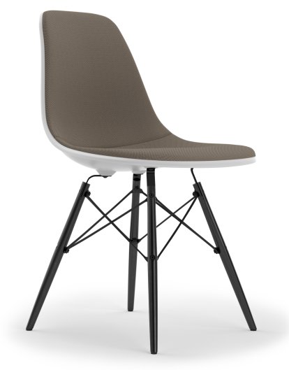 Eames Plastic Side Chair DSW, Coton blanc, Rembourrage intégral, Gris chaud / marron marais, Version standard - 43 cm, Érable noir
